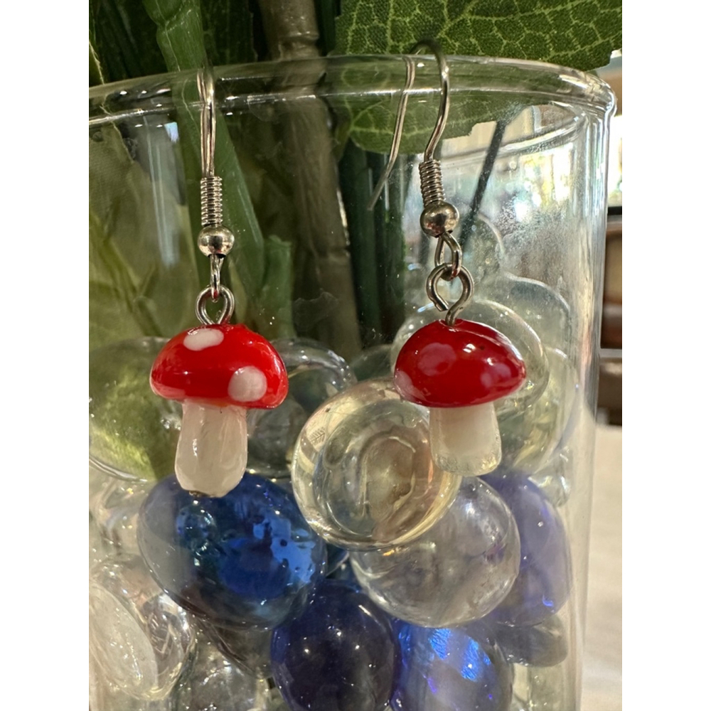 Womens Mushroom Earrings Red White - Picture 2 of 4